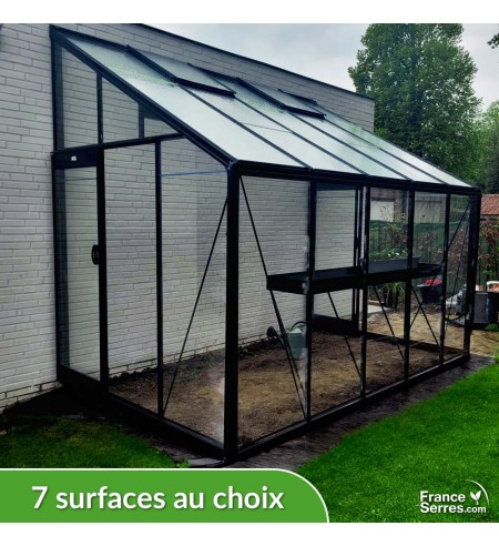 Serre de jardin en verre adossée DROITE - Largeur 2,29m - Aluminium laqué