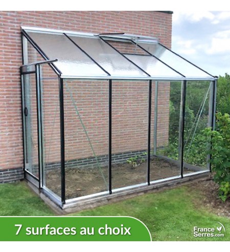 Serre de jardin en verre adossée DROITE - Largeur 1,55m - Aluminium brut