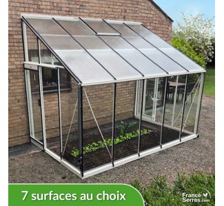 Serre de jardin en verre adossée DROITE - Largeur 2,29m - Aluminium brut