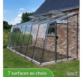 Serre de jardin en verre adossée OBLIQUE - Largeur 2,28m - Aluminium brut