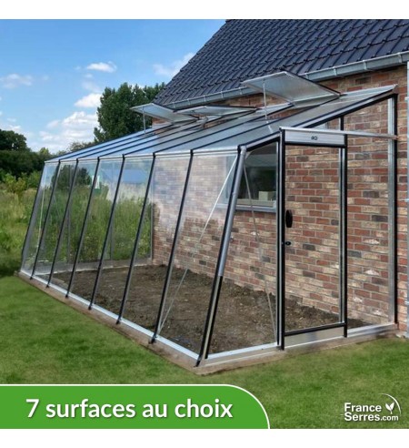 Serre de jardin en verre adossée OBLIQUE - Largeur 2,28m - Aluminium brut