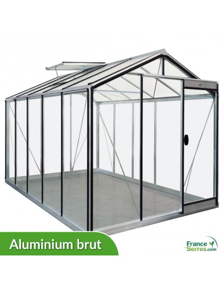 Serre de jardin en verre à parois droites 8,61m² en aluminium naturel (détail de la structure sur fond blanc)