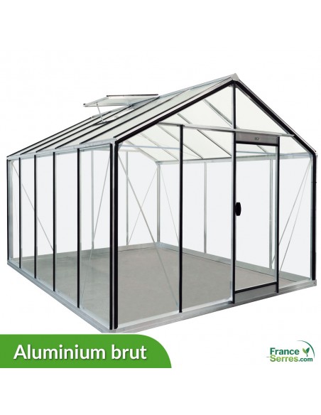 Serre en verre à parois droites 11,35m² en aluminium brut (détail de la structure sur fond blanc)