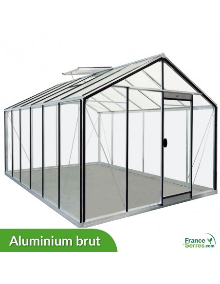 Serre en verre à parois droites 13,62m² en aluminium brut (structure sur fond blanc)