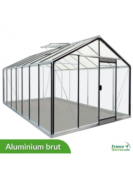 Serre en verre droite 15,88m² en aluminium brut (structure sur fond blanc)