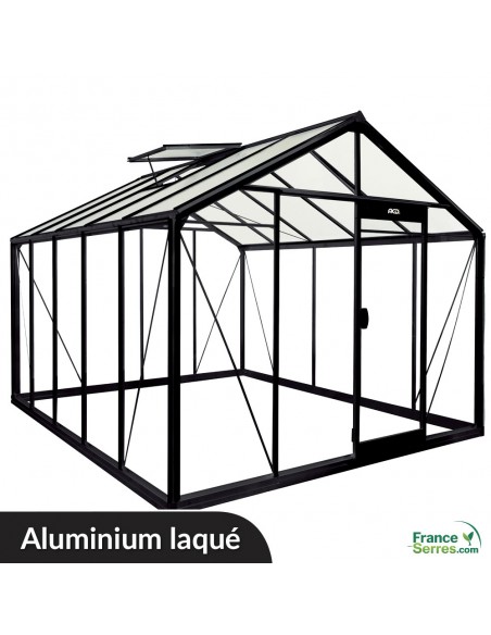 Serre en verre à parois droites de 11,35m² en aluminium laqué (structure sur fond blanc)