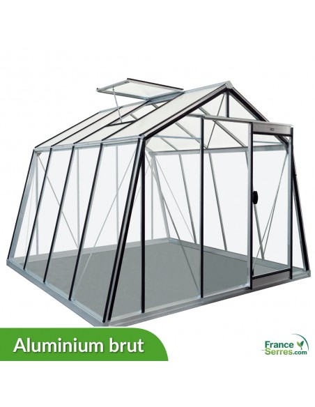 Serre de jardin en verre à parois obliques 9,12m² en aluminium brut (structure sur fond blanc)