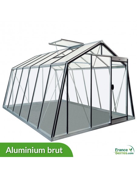 Serre en verre à parois obliques de 13,62m² en aluminium brut (structure sur fond blanc)