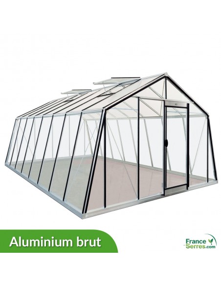 Serre en verre à parois obliques de 22,53m² en aluminium brut (structure sur fond blanc)