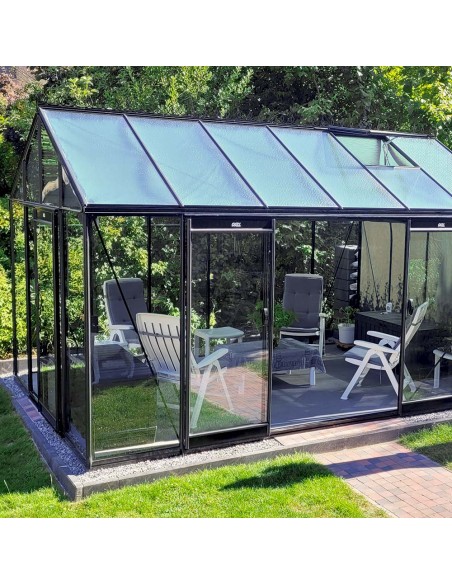 Serre de jardin en verre à parois droites de 13,62m² en aluminium laqué