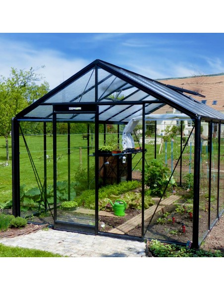 Serre de jardin en verre à parois droites de 13,62m² en aluminium laqué noir