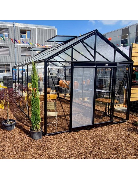 Serre de jardin en verre à parois droites de 13,62m² en aluminium laqué couleur noir