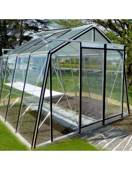 Serre en verre ACD à parois obliques de 9,12m² en aluminium naturel