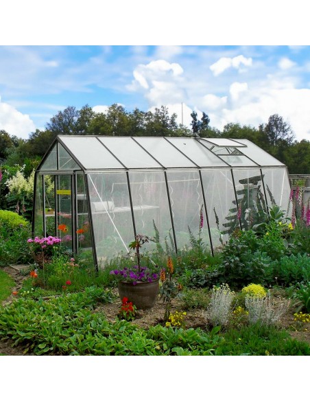 Serre en verre à parois obliques de 13,62m² en aluminium brut dans jardin