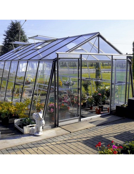 Serre de jardin en verre à parois obliques de 22,53m² en aluminium brut