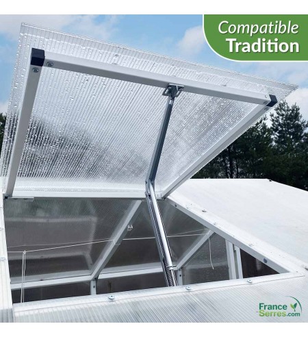 Fenêtre pour serre polycarbonate avec vérin d'ouverture - cadre blanc