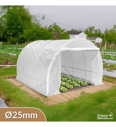 Serre tunnel de jardin de 9m² modulée avec une porte enroulable et un pignon plein