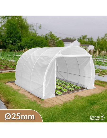 Serre tunnel de jardin de 9m² modulée avec une porte enroulable et un pignon plein