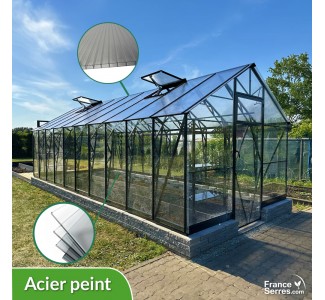 serre polycarbonate alvéolaire et plein monolithique aspect verre