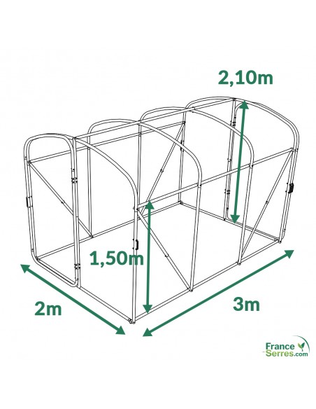 Serre tunnel de jardin avec pied droit et deux portes 2m x 3m