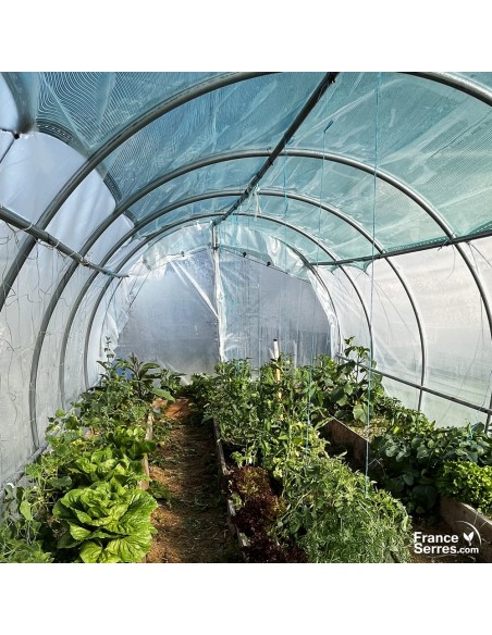 Serre tunnel de jardin avec 2 portes sur charnières, bâche thermique et voile d'ombrage 18m² Ø32mm