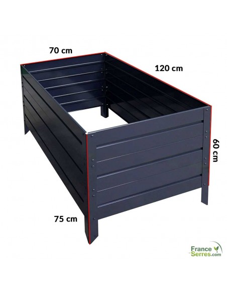 Dimensions de la jardinière sans fond :   120 x 70 x 60cm avec pieds à enterrer à une profondeur de 15cm