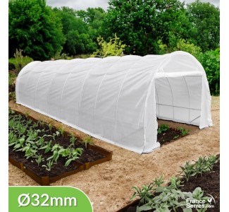Serre tunnel demi-lune Eco "Plus" 24m² avec 1 pignon plein et 1 pignon porte : structure en acier galvanisé de 32 mm de diamètre