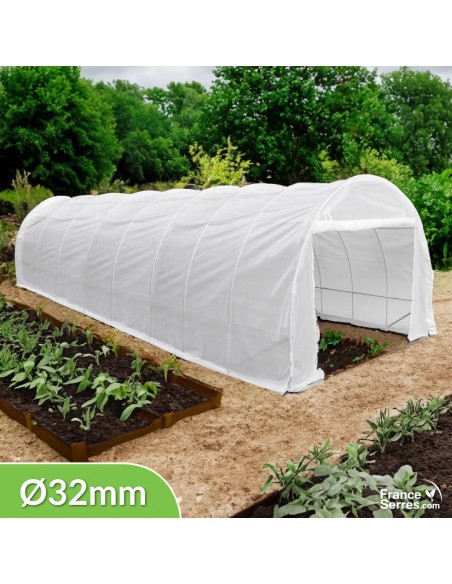 Serre tunnel demi-lune Eco "Plus" 24m² avec 1 pignon plein et 1 pignon porte : structure en acier galvanisé de 32 mm de diamètre