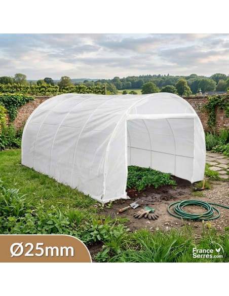 Serre tunnel de jardin de 12m² modulée avec une porte enroulable et un pignon plein
